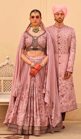Exclusive latest Light Pink designer Lehenga in pure pv silk and foil print with detailed embroidery, hand and mirror work